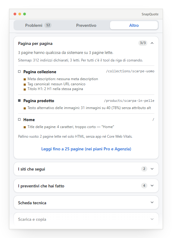 La lista di lavoro del popup: pagina collezione, pagina prodotto e home, ognuna col suo indirizzo e i difetti scritti sotto.