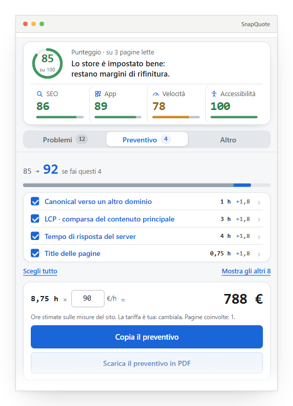Il popup dell’estensione: punteggio 85 su 100 con i voti di SEO, app, velocità e accessibilità, quattro interventi spuntati e sotto il conto, 8,75 ore per 90 euro l’ora, 788 euro.