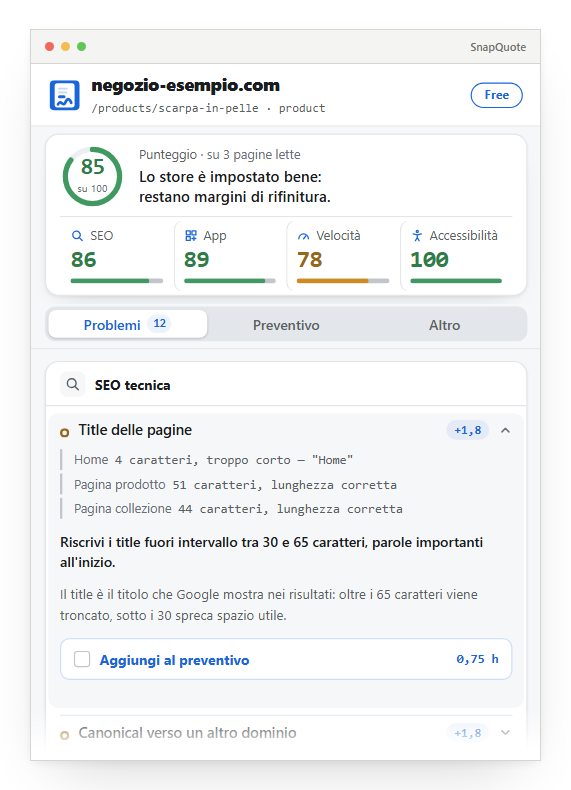 La scheda Problemi del popup: il punteggio 85 su 100, i quattro voti per area e il primo rilievo aperto, Title delle pagine, con la prova misurata su tre pagine e cosa fare.